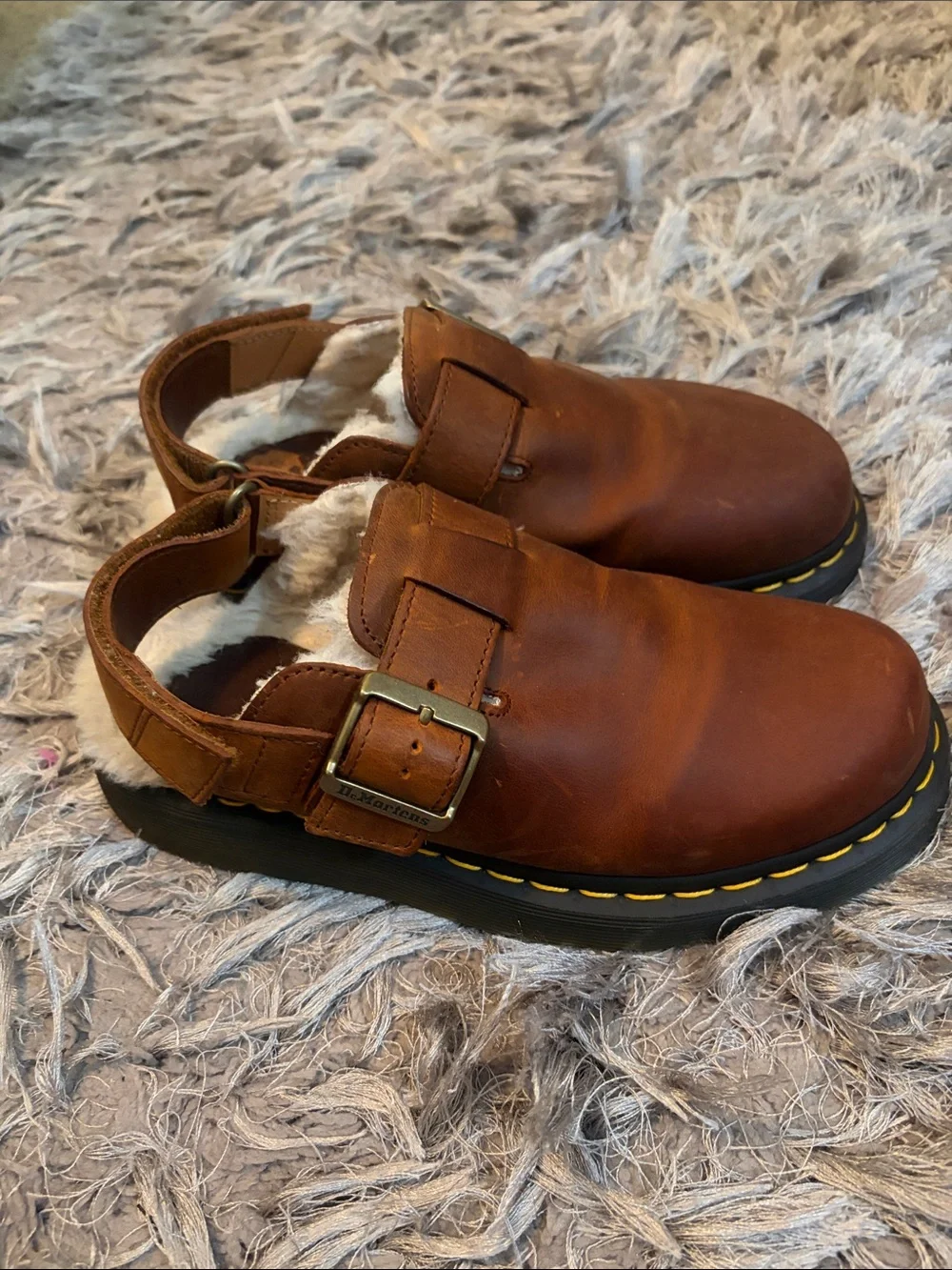 Dr. Martens Brown Leather Buckle Clog Sandals with Yellow Stitching